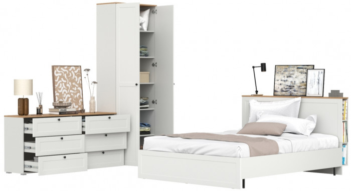 Остин 11.53 Кровать + ортопед + 16.307 Шкаф + 16.240 Комод, белый шагрень/дуб крафт золотой