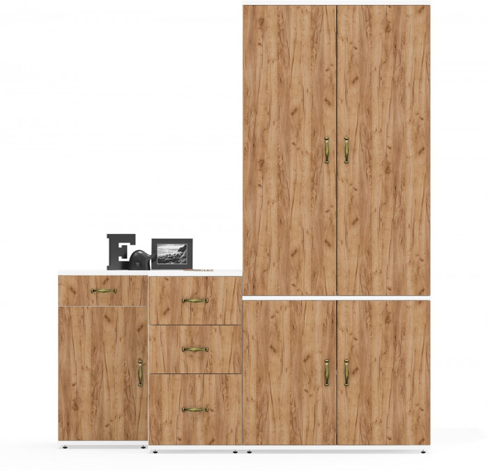 Лидер-8 Шкаф МД 19Б + Тумба МД 3.15 + Тумба МД 3.16, цвет белый шагрень/крафт золото, ШхГхВ 160х50х190 см., универсальная сборка