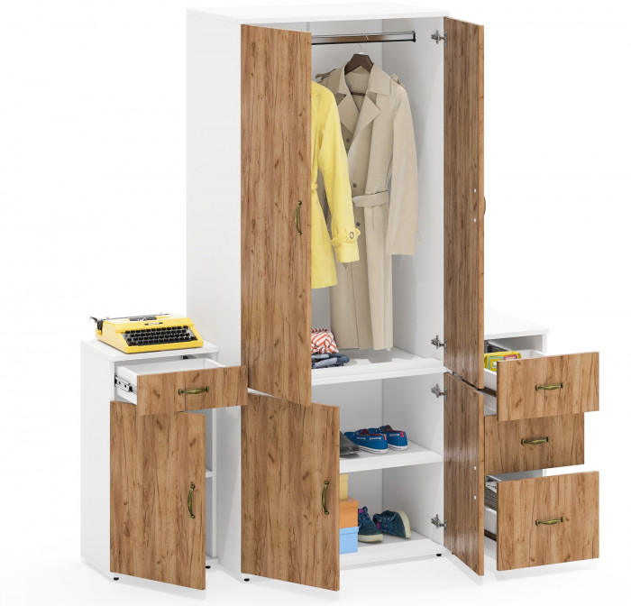 Лидер-8 Шкаф МД 19Б + Тумба МД 3.15 + Тумба МД 3.16, цвет белый шагрень/крафт золото, ШхГхВ 160х50х190 см., универсальная сборка