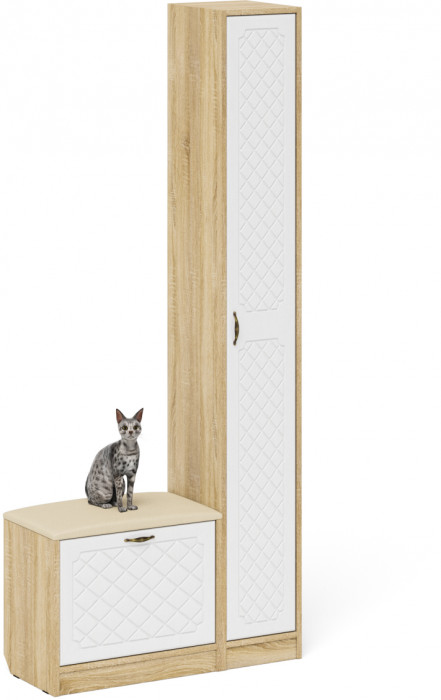 Прихожая П-6 Компоновка № 19, цвет дуб сонома/фасады МДФ белое дерево фрезеровка ромб, ШхГхВ 90х35х210 см., универсальная сборка