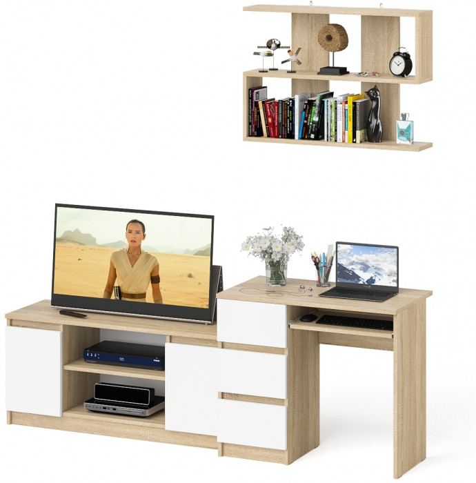 Мори Стол компьютерный МС-6 левый + Тумба МТВ1200.1 + Полка 900, цвет дуб сонома/белый, ШхГхВ 210,4х50х209,6 см., НЕ универсальная сборка