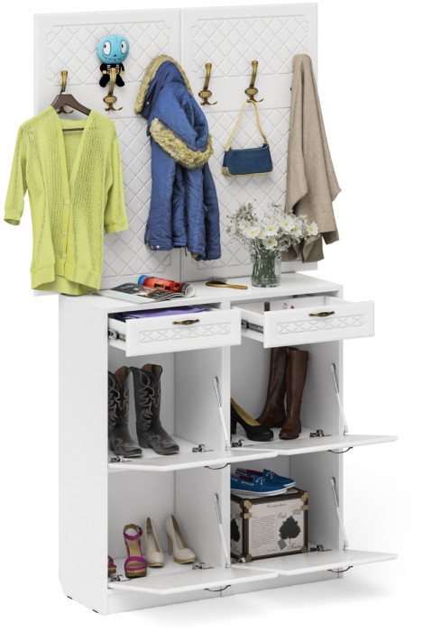 Прихожая П-6 Компоновка № 04, цвет белая шагрень/фасады МДФ белое дерево фрезеровка ромб, ШхГхВ 120х35х200 см.