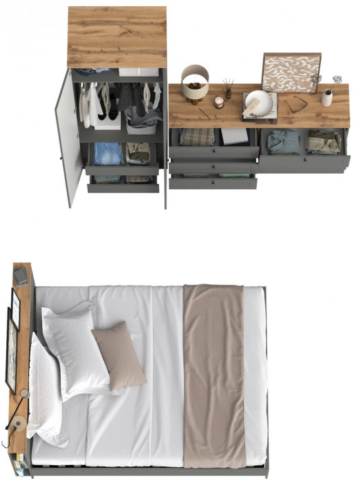 Остин 11.53 Кровать + ортопед + 13.336.02 Шкаф для одежды + 16.240 Комод, серый графит/дуб крафт золотой