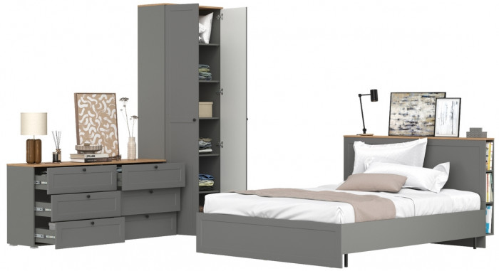 Остин 11.53 Кровать + ортопед + 16.307 Шкаф + 16.240 Комод, серый графит/дуб крафт золотой