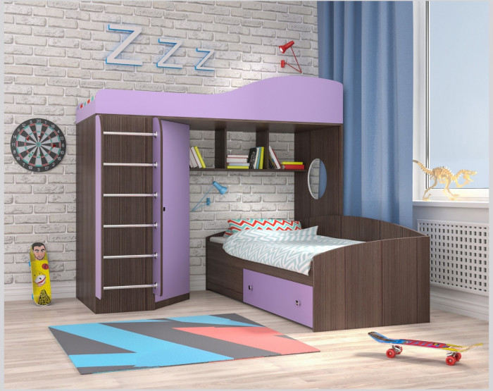 Кровать-чердак Кадет 2 с металлической лестницей (Ясень Анкор Темный/Ирис)