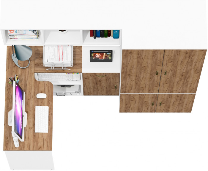 Лидер-8 Стол + Полка + Тумба МД 3.15 + Шкаф МД 19Б, цвет белый шагрень/крафт золото, ШхГхВ 285х50/37,5х75/190 или 115х200/50х75/190 см., НЕ ун. сб.