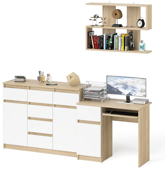 Мори Стол компьютерный МС-1 левый + Комод МК1200.4 + Полка 900, цвет дуб сонома/белый, ШхГхВ 210,4х50х209,6 см., НЕ универсальная сборка