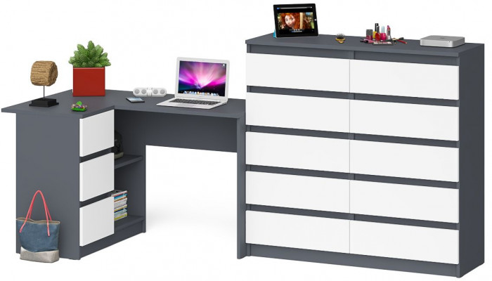 Мори Стол компьютерный МС-16 левый + Комод МК1200.10, цвет графит/белый, ШхГхВ 244,8х84,9х115 см., выдвижные ящики слева, НЕ универсальная сборка