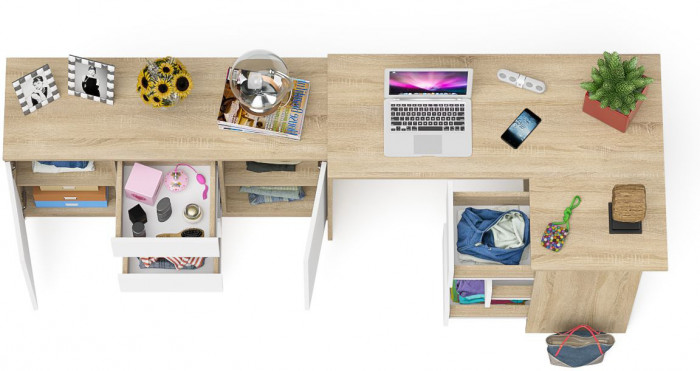 Мори Стол компьютерный МС-16 правый + Комод МК1200.3, цвет дуб сонома/белый, ШхГхВ 244,8х84,9х76,6 см., выдвижные ящики справа, НЕ универс. сборка