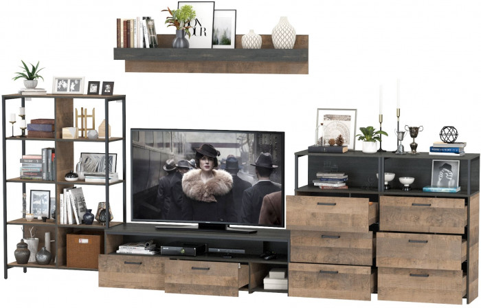 Трувор Гостиная 099, цвет дуб гранж песочный/интра, ШхГхВ 371,8х45,4х195 см., универсальная сборка