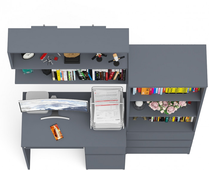 Мори компьютерный стол МС-1 правый + Стеллаж МСТ600.3 + Полка 900, графит