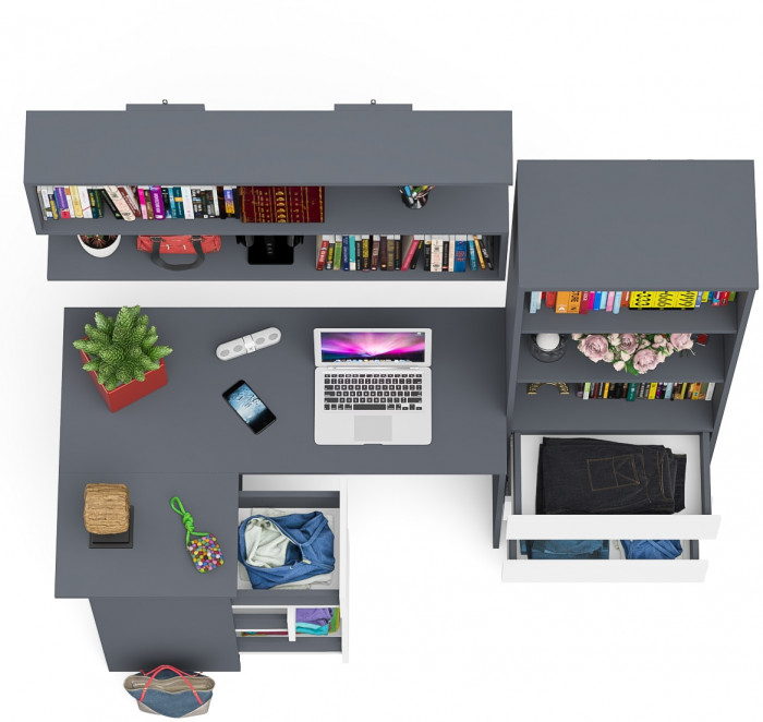 Мори компьютерный стол МС-16 левый + Стеллаж МСТ600.3 + Полка 1200, графит/белый