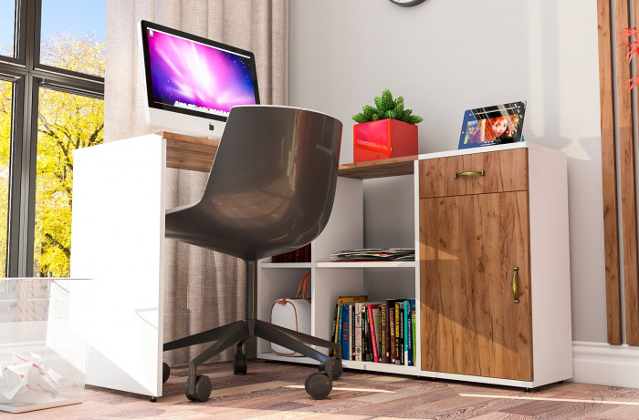 Лидер-8 Стол + Тумба МД 3.15, цвет белый шагрень/крафт золото, ШхГхВ 205х50/30х75 см. или 115х50/120х75 см., НЕ универсальная сборка