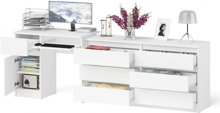 Мори Стол компьютерный МС-1 левый + Комод МК1380.6, цвет белый, ШхГхВ 228х50х76,6 см., выдвижной ящик слева, НЕ универсальная сборка