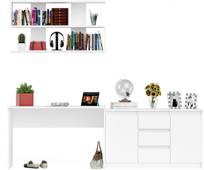 Мори Стол письменный МСП1200.1 + Комод МК1200.3 + Полка 1200, цвет белый, ШхГхВ 240,8х50х209,6 см., универсальная сборка