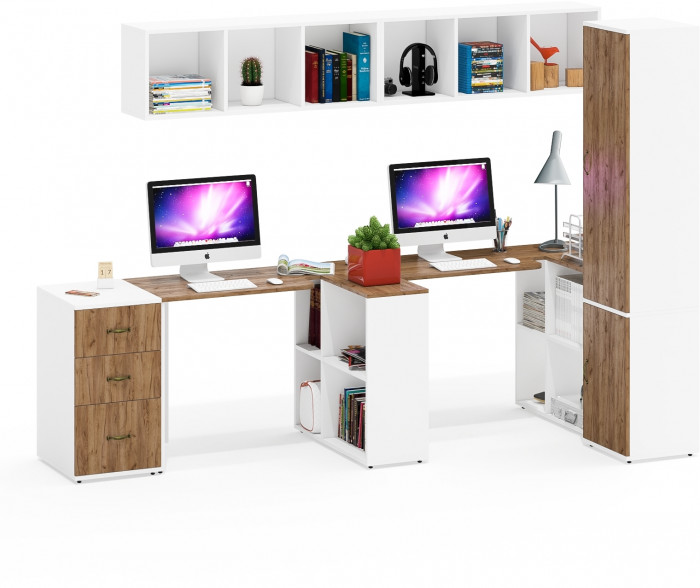 Лидер-8 Стол + Полка + Стол + Полка + Пенал МД 22Б + Тумба МД 3.16, белый шагрень/крафт золото