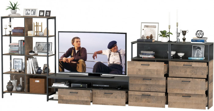 Трувор Гостиная 100, цвет дуб гранж песочный/интра, ШхГхВ 371,8х45,4х146 см., универсальная сборка