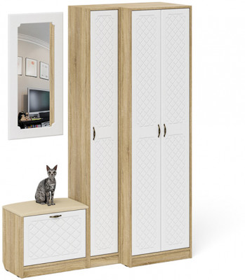 Прихожая П-6 Компоновка № 26, цвет дуб сонома/фасады МДФ белое дерево фрезеровка ромб, ШхГхВ 150х50х210 см., универсальная сборка