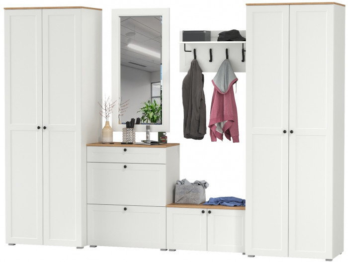 Остин Прихожая 48, цвет белый шагрень/дуб крафт золотой, ШхГхВ 320х54,3х229,6 см., универсальная сборка