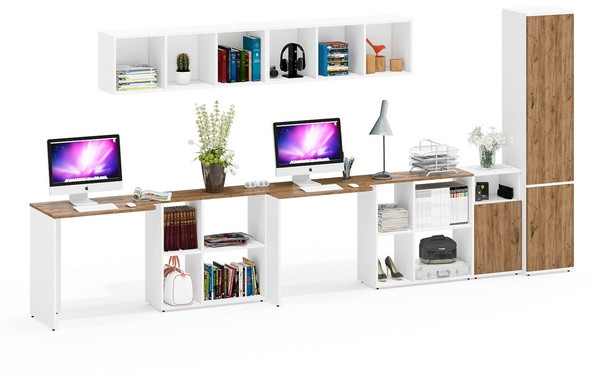 Лидер-8 Стол + Полка + Стол + Полка + Пенал МД 22Б + Тумба МД 3.19, белый шагрень/крафт золото