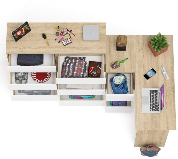 Мори Стол компьютерный МС-16 левый + Комод МК1200.10, цвет дуб сонома/белый, ШхГхВ 244,8х84,9х115 см., выдвижные ящики слев, НЕ универсальная сборкаа