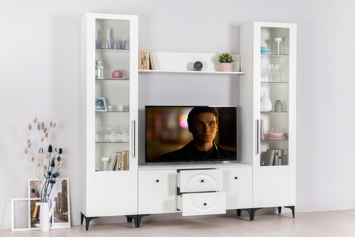 Валенсия Гостиная № 062, цвет ЛДСП белый шагрень/МДФ белый шагрень, ШхГхВ 243,1х38,3х225,2 см., ниша для ТВ 133х38х117 см.