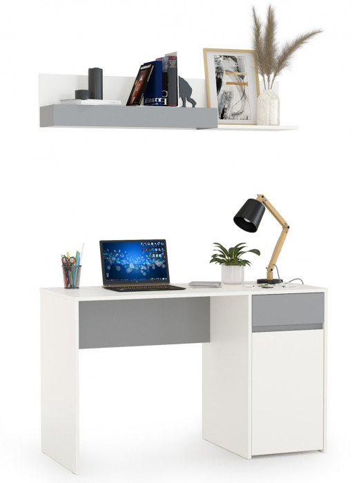 Торонто 12.149 Стол + 16.475 Полка, цвет белый шагрень/стальной серый, ШхГхВ 120х53,1х150 см., универсальная сборка