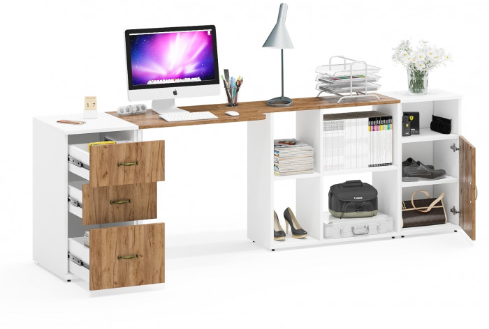 Лидер-8 Стол + Тумба МД 3.16 + Тумба МД 3.19, цвет белый шагрень/крафт золото, ШхГхВ 245х50/30х75 см. или 115х50/160х75 см., НЕ универсальная сборка