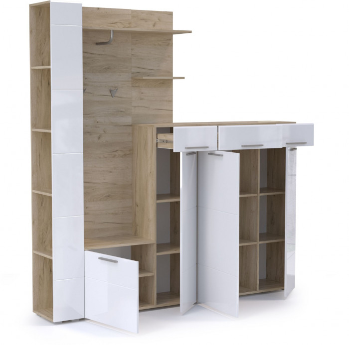 Лайн Прихожая № 09, дуб крафт серый/фасады МДФ белый глянец