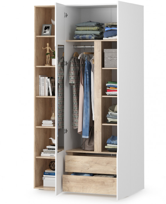 Муссон 13.198 Шкаф двухстворчатый + 13.349 Стеллаж, белый/дуб эндгрейн элегантный