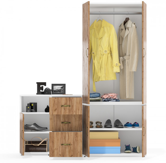 Лидер-8 Шкаф МД 19Б + Тумба МД 3.16 + Тумба МД 3.19, цвет белый шагрень/крафт золото, ШхГхВ 160х50х190 см., универсальная сборка