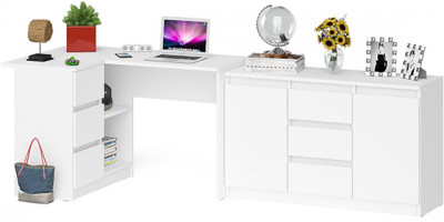 Мори Стол компьютерный МС-16 левый + Комод МК1200.3, цвет белый, ШхГхВ 244,8х84,9х76,6 см., выдвижные ящики слева, НЕ универсальная сборка