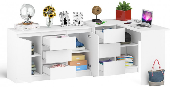 Мори Стол компьютерный МС-16 левый + Комод МК1200.3, цвет белый, ШхГхВ 244,8х84,9х76,6 см., выдвижные ящики слева, НЕ универсальная сборка