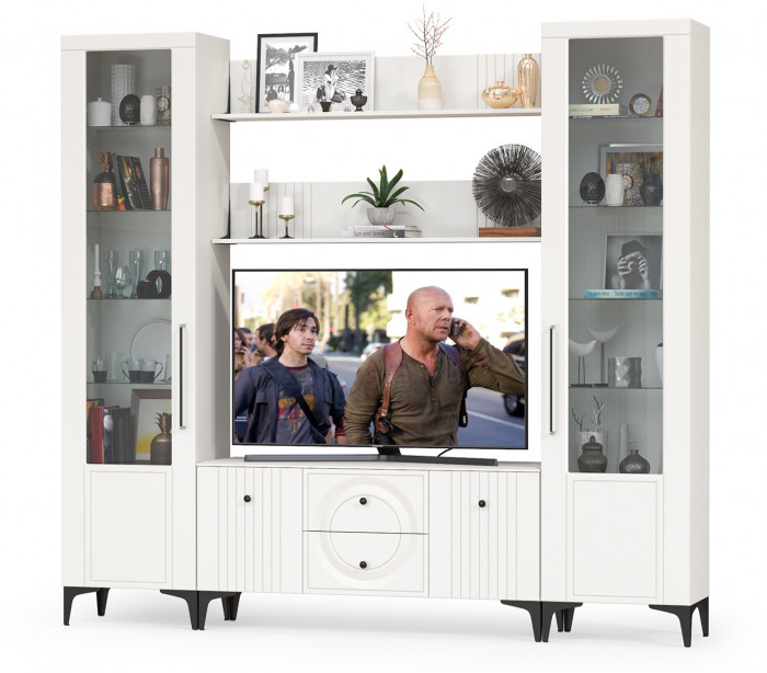 Валенсия Гостиная № 063, цвет ЛДСП белый шагрень/МДФ белый шагрень, ШхГхВ 243,1х38,3х225,2 см., ниша для ТВ 133х38х117 см.