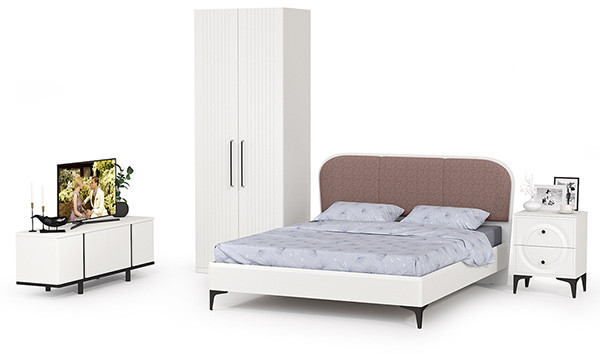 Валенсия Спальня № 36, цвет ЛДСП белый шагрень/чёрный/МДФ белый шагрень/ткань велутто 19, ортопед есть, сп. м. 1600х2000 мм., б/м