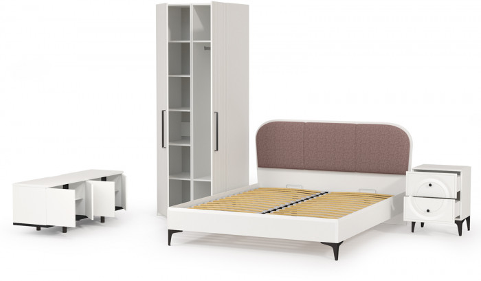 Валенсия Спальня № 36, цвет ЛДСП белый шагрень/чёрный/МДФ белый шагрень/ткань велутто 19, ортопед есть, сп. м. 1600х2000 мм., б/м