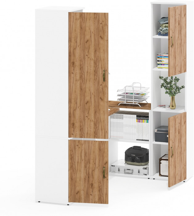 Лидер-8 Пенал МД 22Б + Стол + Пенал, цвет белый шагрень/крафт золото, ШхГхВ 245х50/37,5х75/190 или 155х120/50х75/190 см., НЕ универсальная сборка