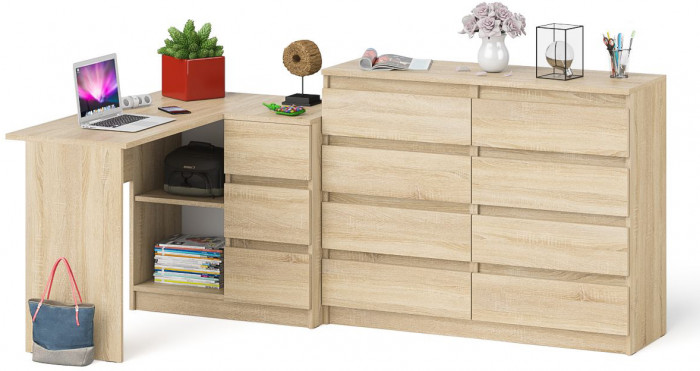 Мори Стол компьютерный МС-16 правый + Комод МК1200.8, цвет дуб сонома, ШхГхВ 244,8х84,9х94 см., выдвижные ящики справа, НЕ универсальная сборка