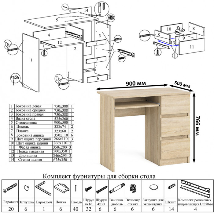 Мори Стол компьютерный МС-6 правый + Комод МК800.1, цвет дуб сонома, ШхГхВ 170,4х50х76,6 см., выдвижные ящики справа, НЕ универсальная сборка