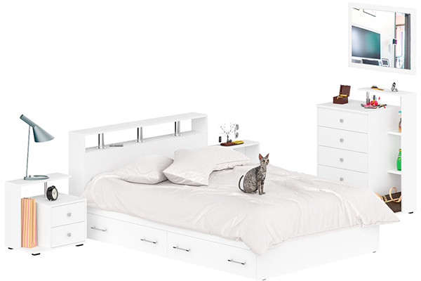 Камелия спальня № 12 Кровать с ящиками 1400 + Две тумбы + Комод + Зеркало, белый