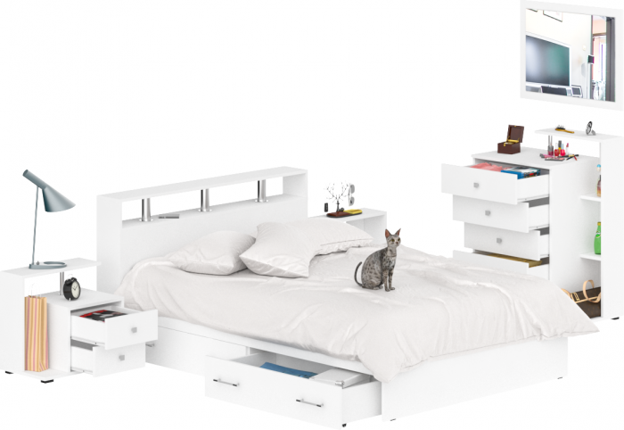 Камелия спальня № 12 Кровать с ящиками 1400 + Две тумбы + Комод + Зеркало, белый