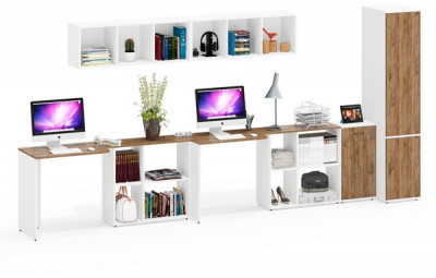 Лидер-8 Стол + Полка + Стол + Полка + Пенал МД 23Б + Тумба МД 3.15, белый шагрень/крафт золото