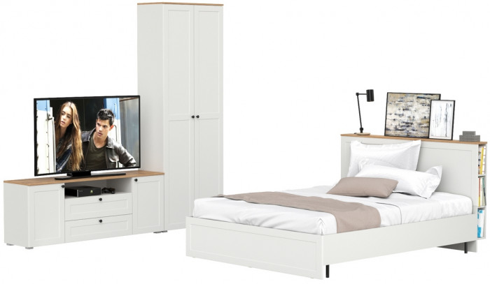 Остин 11.53 Кровать + ортопед + 16.307 Шкаф + 16.47 Тумба под ТВ, белый шагрень/дуб крафт золотой