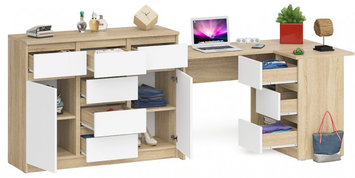 Мори Стол компьютерный МС-16 правый + Комод МК1200.4, цвет дуб сонома/белый, ШхГхВ 244,8х84,9х94 см., выдвижные ящики справа, НЕ универсальная сборка