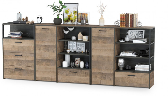 Трувор 13.307.01 Комод + 13.307.02 Комод с ящиками + 13.307.01 Комод, цвет дуб гранж песочный/интра, ШхГхВ 284х37х106,9 см., универсальная сборка