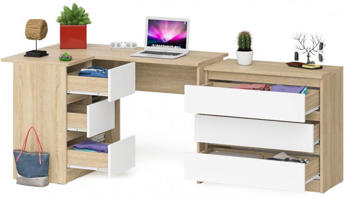 Мори Стол компьютерный МС-16 левый + Комод МК800.1, цвет дуб сонома/белый, ШхГхВ 204,8х84,9х76,6 см., выдвижные ящики слев, НЕ универсальная сборкаа