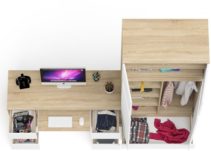 Мори Стол компьютерный МС-2 + Шкаф МШ900.1 + Антресоль МА900.1, цвет дуб сонома/белый, ШхГхВ 225,8х50,4х234,2 см., универсальная сборка