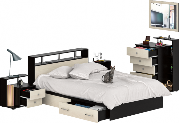 Камелия спальня № 12 Кровать с ящиками 1400 + Две тумбы + Комод + Зеркало, венге/дуб лоредо