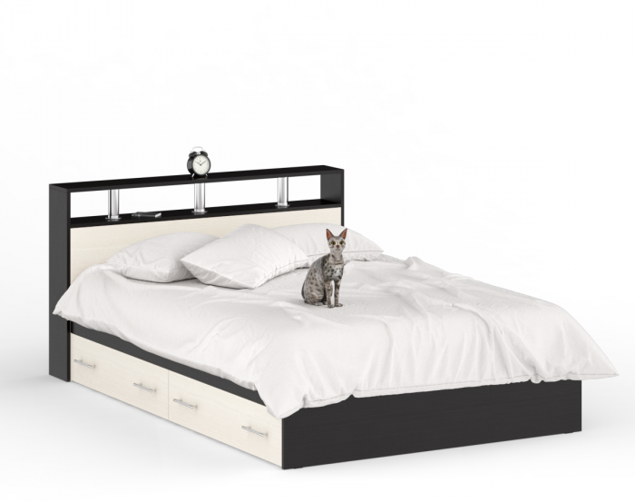 Камелия спальня № 12 Кровать с ящиками 1400 + Две тумбы + Комод + Зеркало, венге/дуб лоредо