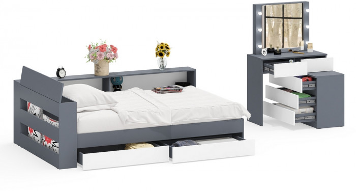Ксения Кровать с ящиками 1200 + прикроватный блок + Столик с подсветкой 110, графит/белый